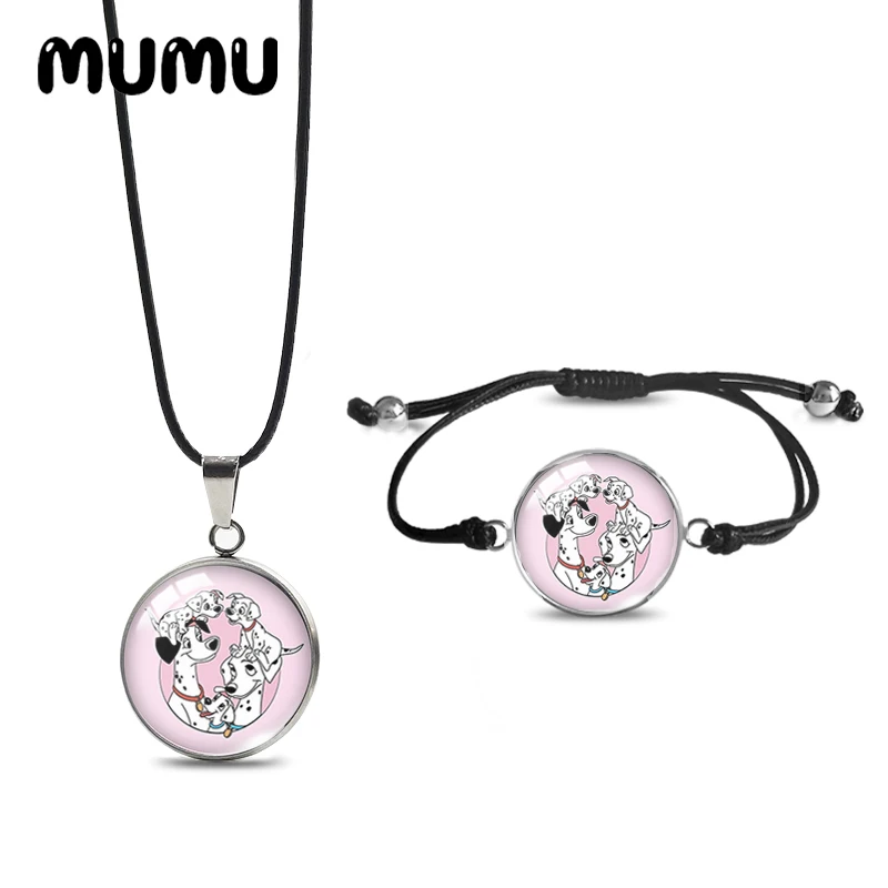 2024 New 101 Dalmatians Dogs Necklace Bracelet Set Black Rope Glass Cabochon Jewelry Sets Handmade Items