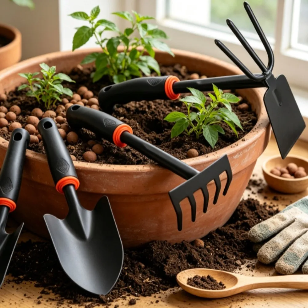 Garden Tool Set 4pcs 2 Shovels 1 Rake 1 Cultivator Solid Iron Construction with Ergonomic Rubber Handles for Efficiency