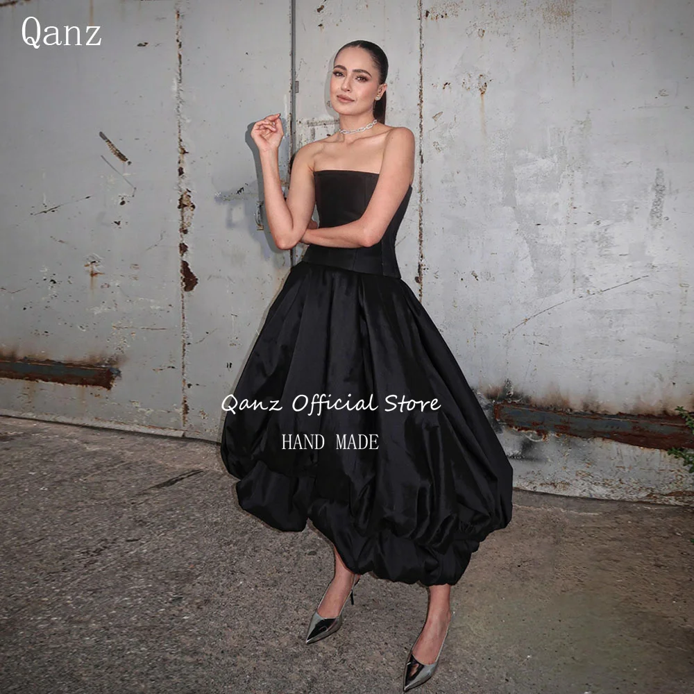 Qanz Black Taffeta Evening Dresses Women Strapless Fashion Voluminous Prom Dress Backless Long Special Party Gowns Customized