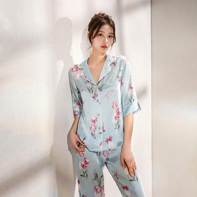 

Floral Mulberry Silk Pajama For Women Autumn Half Sleeves Sleepwear Sexy Lingerie Lapel Pajama Sets Female Night Clothes Pyjamas