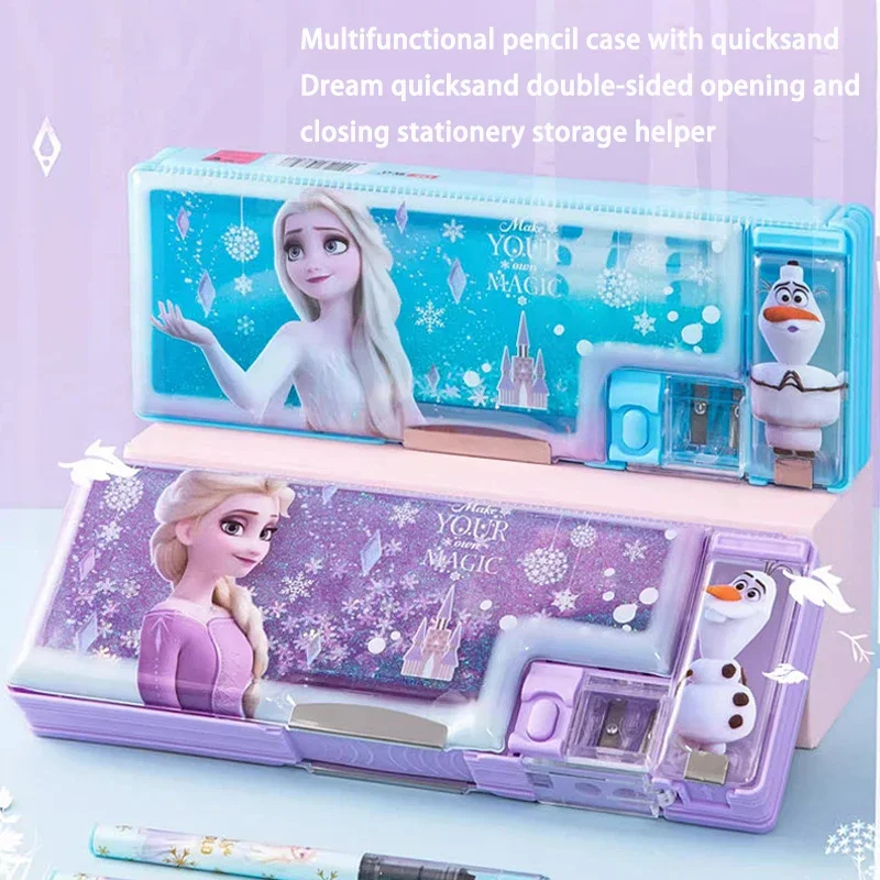 Frozen Liquid Glitter Pen Case Double Layer Pencil Bag For School Girls Cute Elsa Anna Princess Design Large Capacity Pencil Box