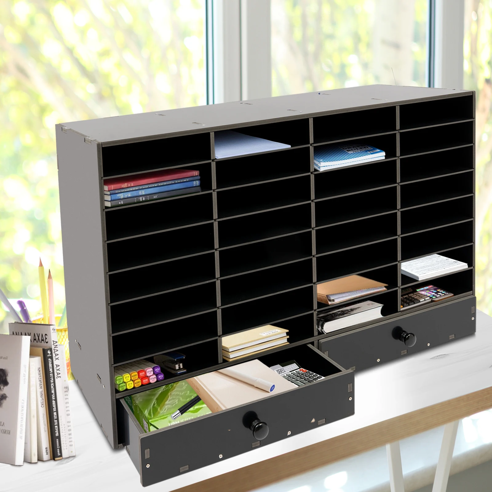 

32 Compartment with 2 Drawers File Cabinet, Printer Stand, Office Filing Cabinet Organizer, for A4 and Letter Size Documents