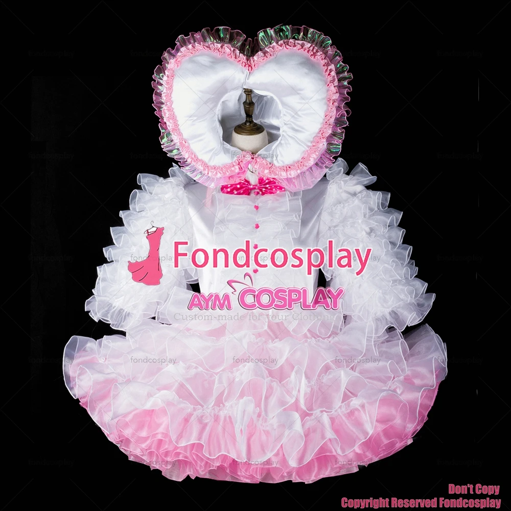 fondcosplay adult sexy cross dressing sissy maid short baby white satin organza dress lockable Heart hood CD/TV[G2398]