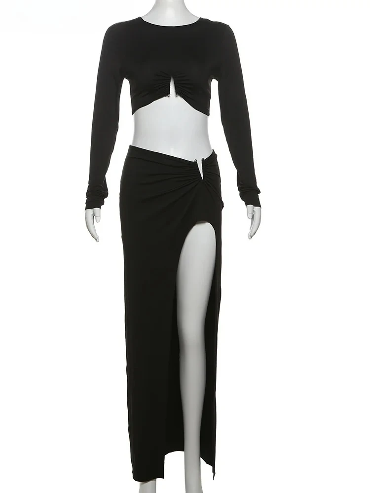 Fall Trend Women 2 Piece Set Chic Metal Buckle Ruched Long Sleeve Crop Tops+High Split Skirts Skinny Matching Suits