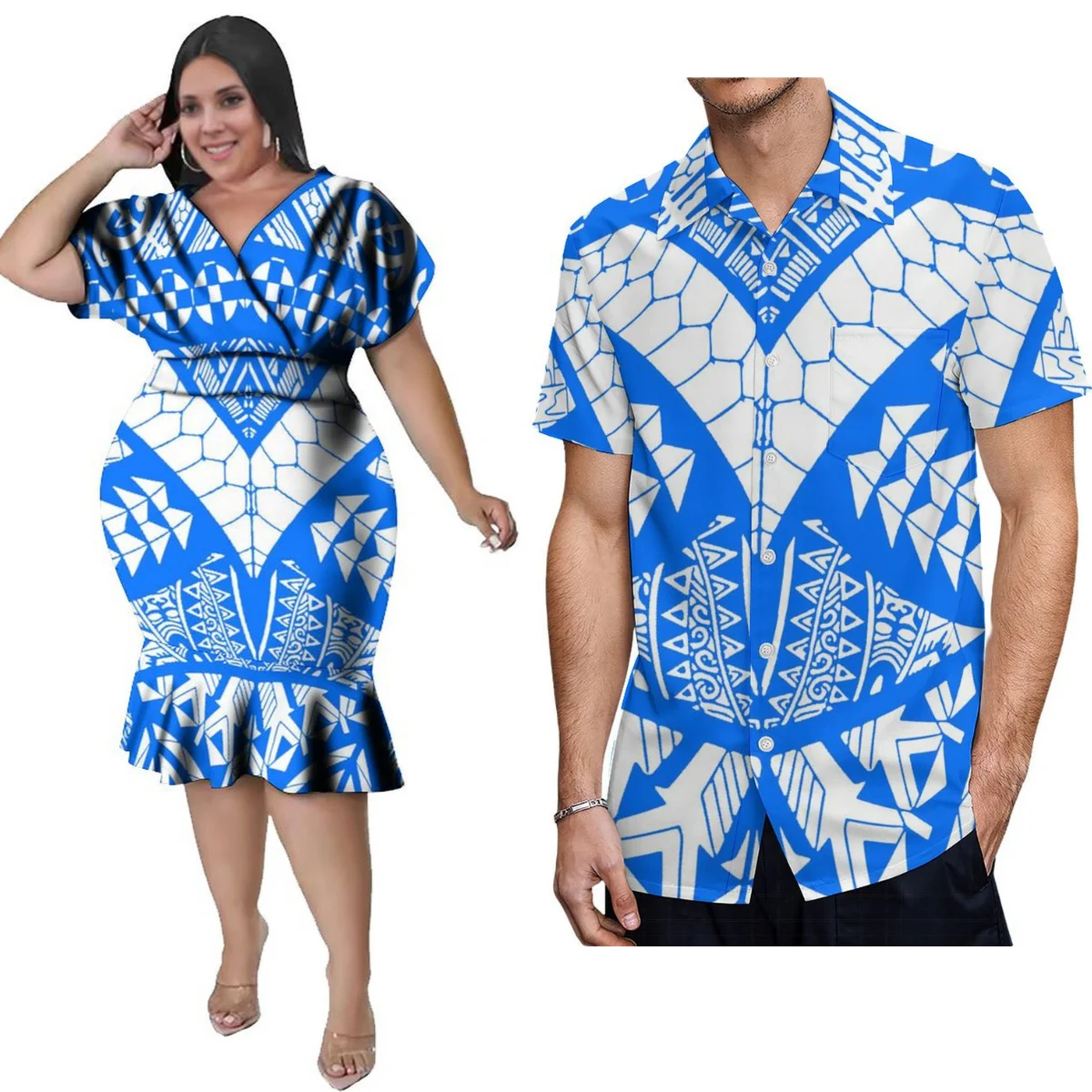 Hoge Kwaliteit Dames V-Hals Jurk 5xl Met Heren Korte Mouwen Shirt Polynesische Stam Design Paar Pak