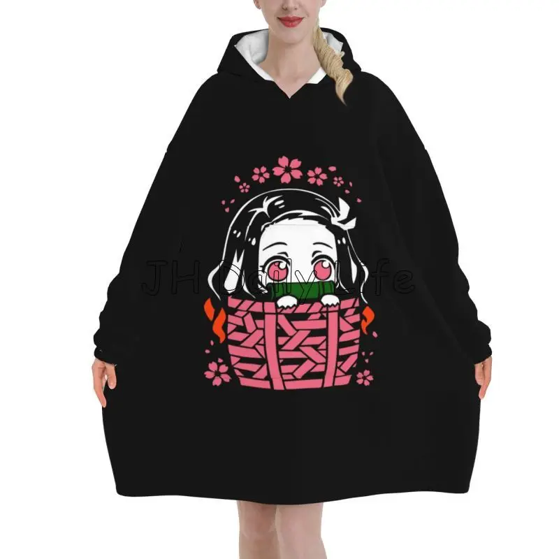 Cute Anime Nezuko Wearable Blanket Hoodie Oversized Sweatshirts Warm Cozy Fleece Sherpa Blanket with Pockets for Women Girls