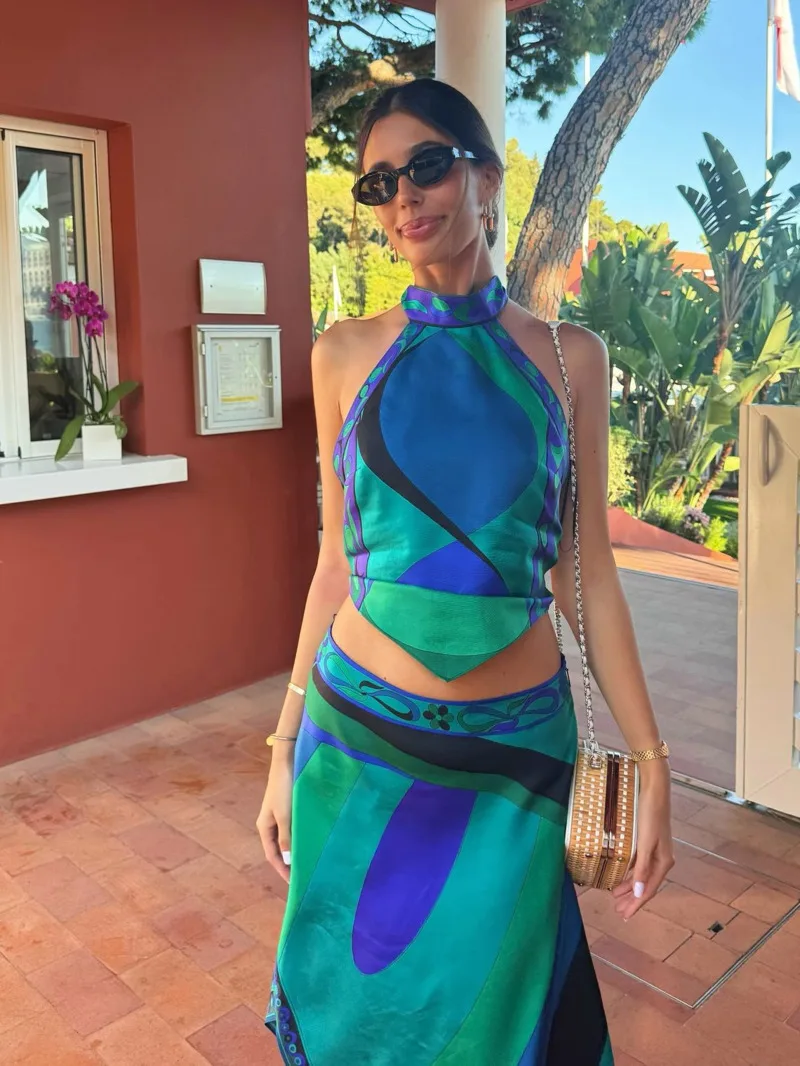 

Юбка из двух частей с принтом, новое сексуальное пляжное платье с лямкой на шее, женский бюстгальтер с высокой талией, длинная юбка трапециевидной формы, костюм для летних каникул, морской комплект U8VX