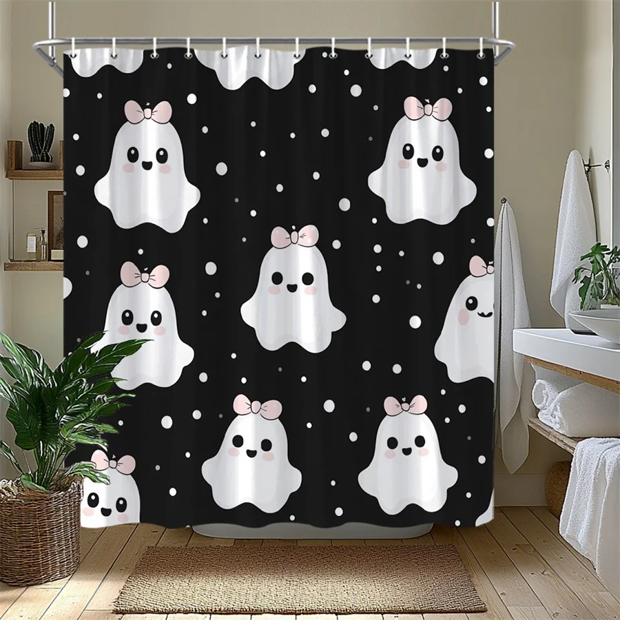

1 шт., занавеска для душа с милым призрачным узором и крючками, полиэфирная ткань, которую можно стирать в машине, идеально подходит для декора ванной комнаты.