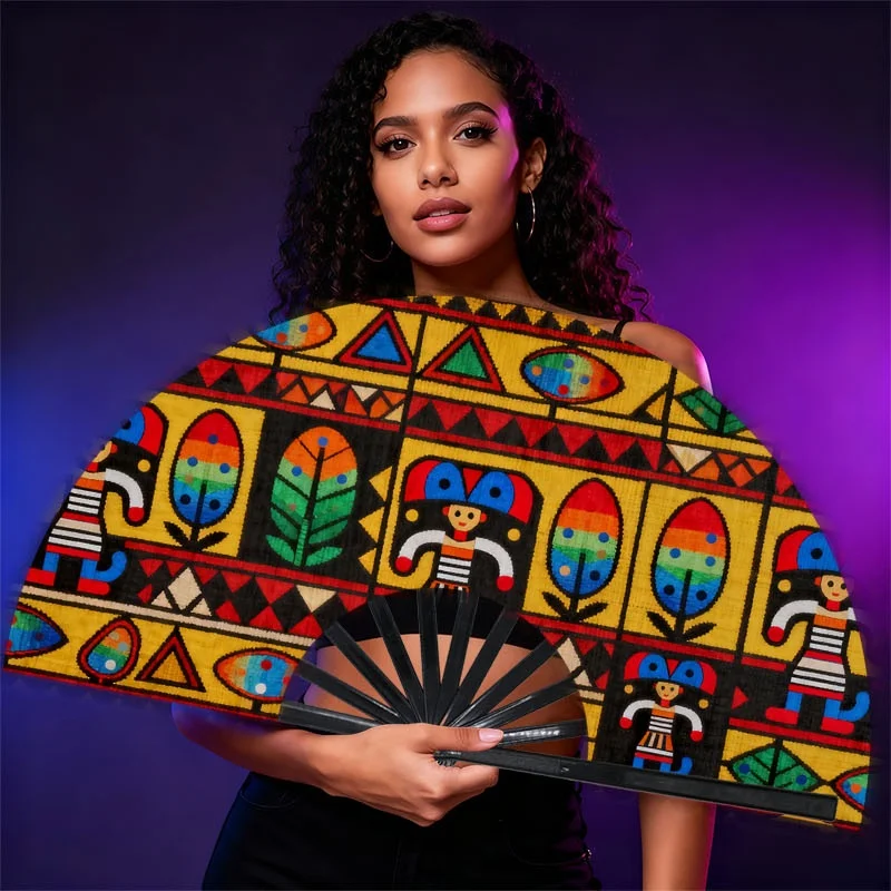 Men'S Portable Fan, Single Piece, Made Of, Featuring a Bright Cultural Textile Design (Yellow Background with Stylized Figures, Plants, And Geometric Patterns), Fashionable And Convenient for Everyday Or Outdoor Use, Showcasing Folk Art Style