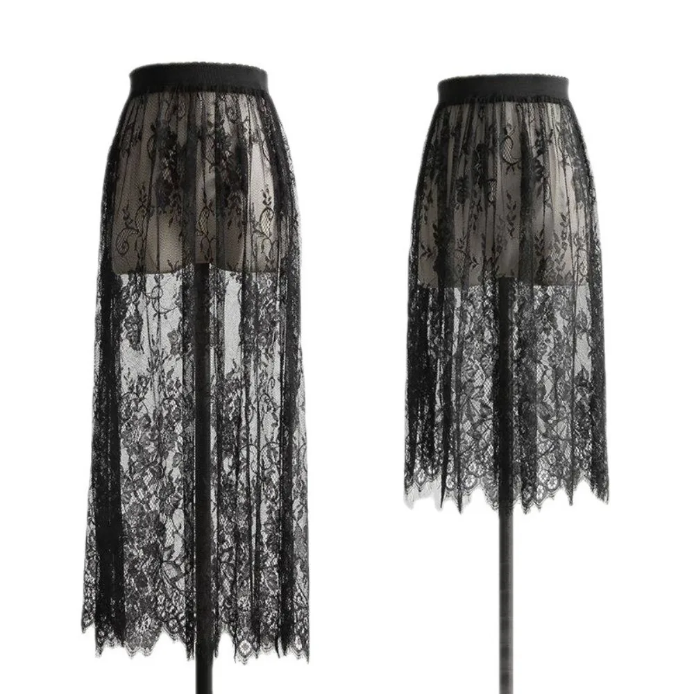 

Fashion Transparent Sexy Lace Mesh Skirt Elegant 2 Length Long Tulle Skirt Elastic High Waist Lace Midi Skirt Ladies