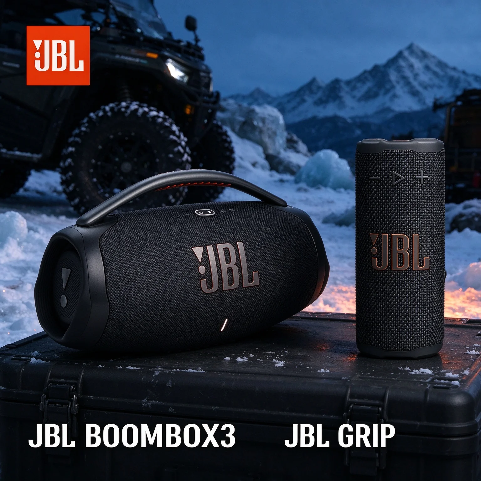 JBL BOOMBOX3 & GRIP Portable Bluetooth Bundle, Shock Resistant Shell, Extended Playtime, Crisp Audio for Travel & Backyard Fun