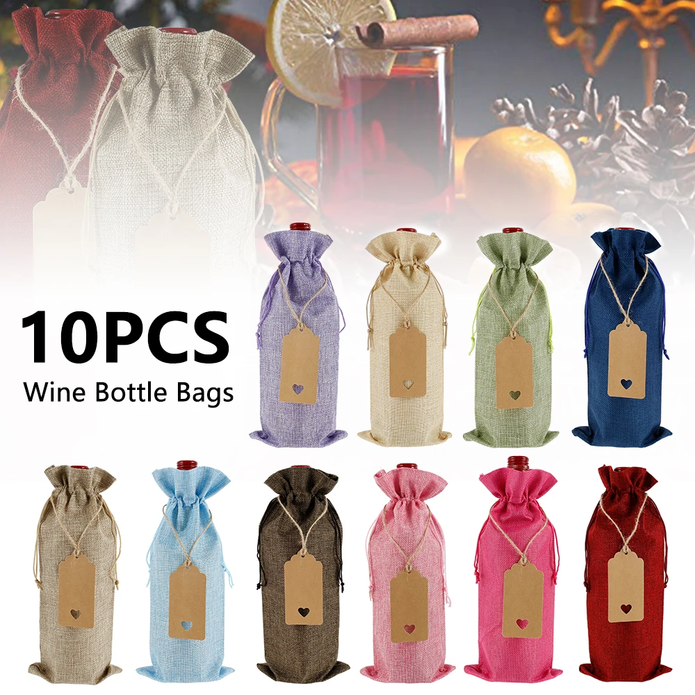 10Pcs Burlap Wine Bags with Drawstrings and Tags Wine Bottle Gift Bags Christmas Wedding Birthday Holiday Party Housewarming