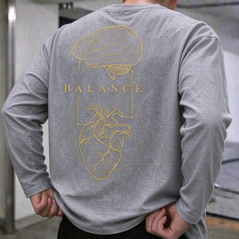 Male Casual Long Sleeve Shirts Balance Letter Human Organ Sketch Print O-neck Top Relaxed Fit Autumn Fashion Tees