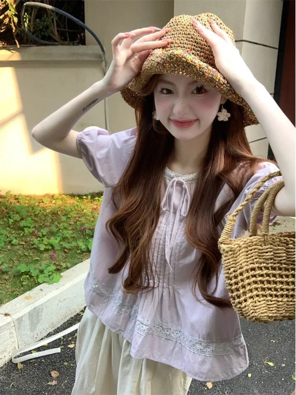 

Summer Women's Purple Korean Style Bubble Sleeve Loose Fashionable Top Short Sleeve Shirt Stylish Commute Style Polyester Fiber