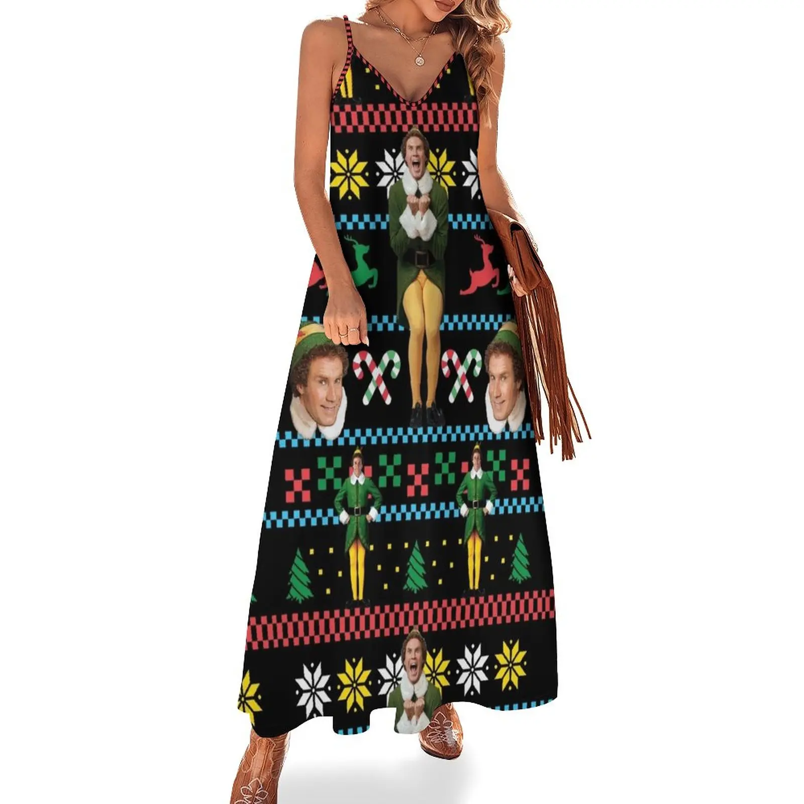 

Buddy The Elf Ugly Christmas Sweater Design Classic Xmas Movie Fun Gift Will Ferrell Sleeveless Dress long dress women