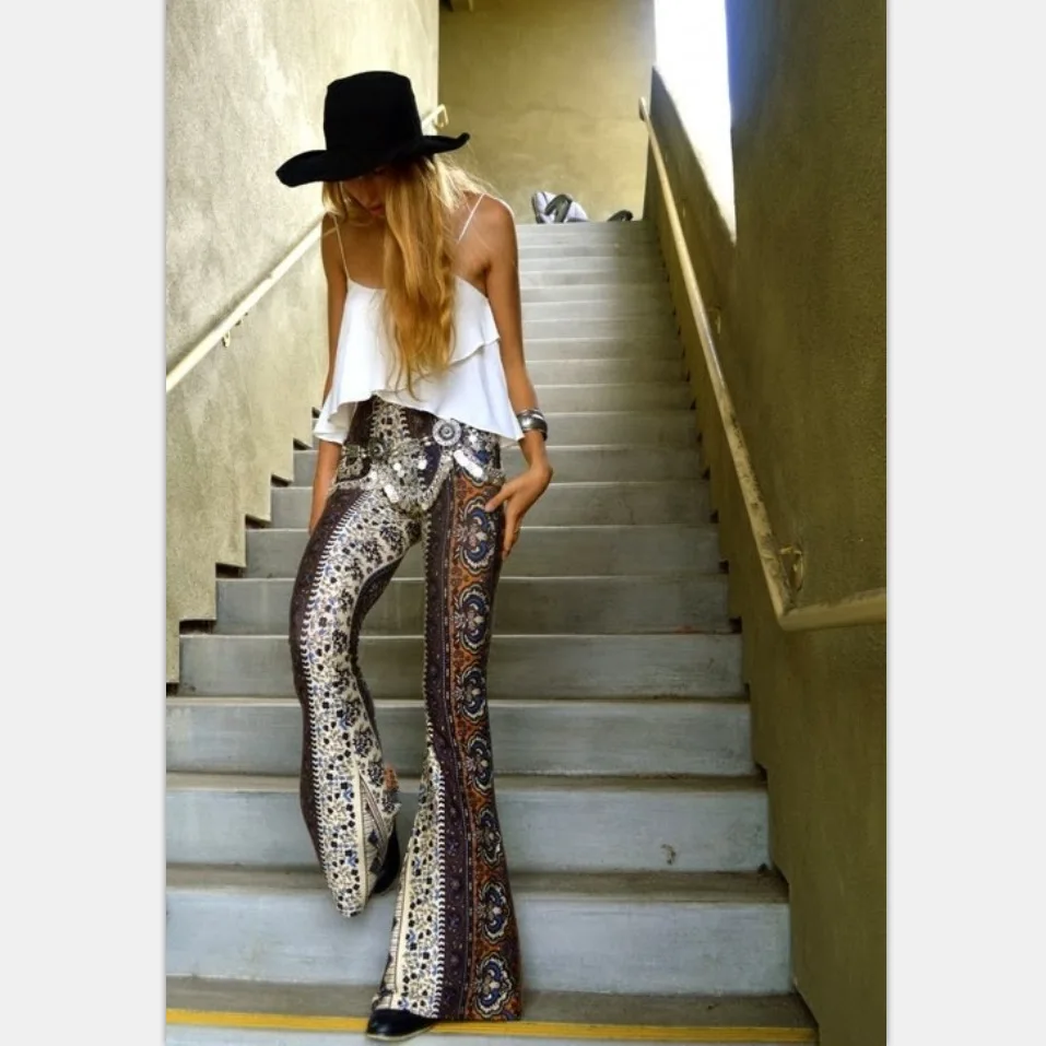 Fashion Print Leggings High Waist Wide Leg Flare Pants Women Vintage Women Summer Bottom Sexy Skinny Long Trousers Boho Pants