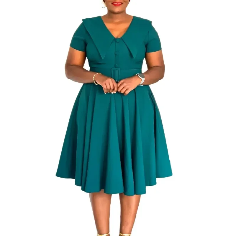 

African Pleat Dresses for Women Summer Elegant African Short Sleeve V-neck Polyester Midi Dress Outfits Dashiki African Clothes