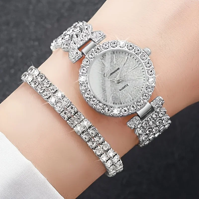3pcs/set Women's Luxury Rhinestone Quartz Watch Set - Stylish Analog Wristwatch with Matching Bracelets - Perfect Gift for Mom