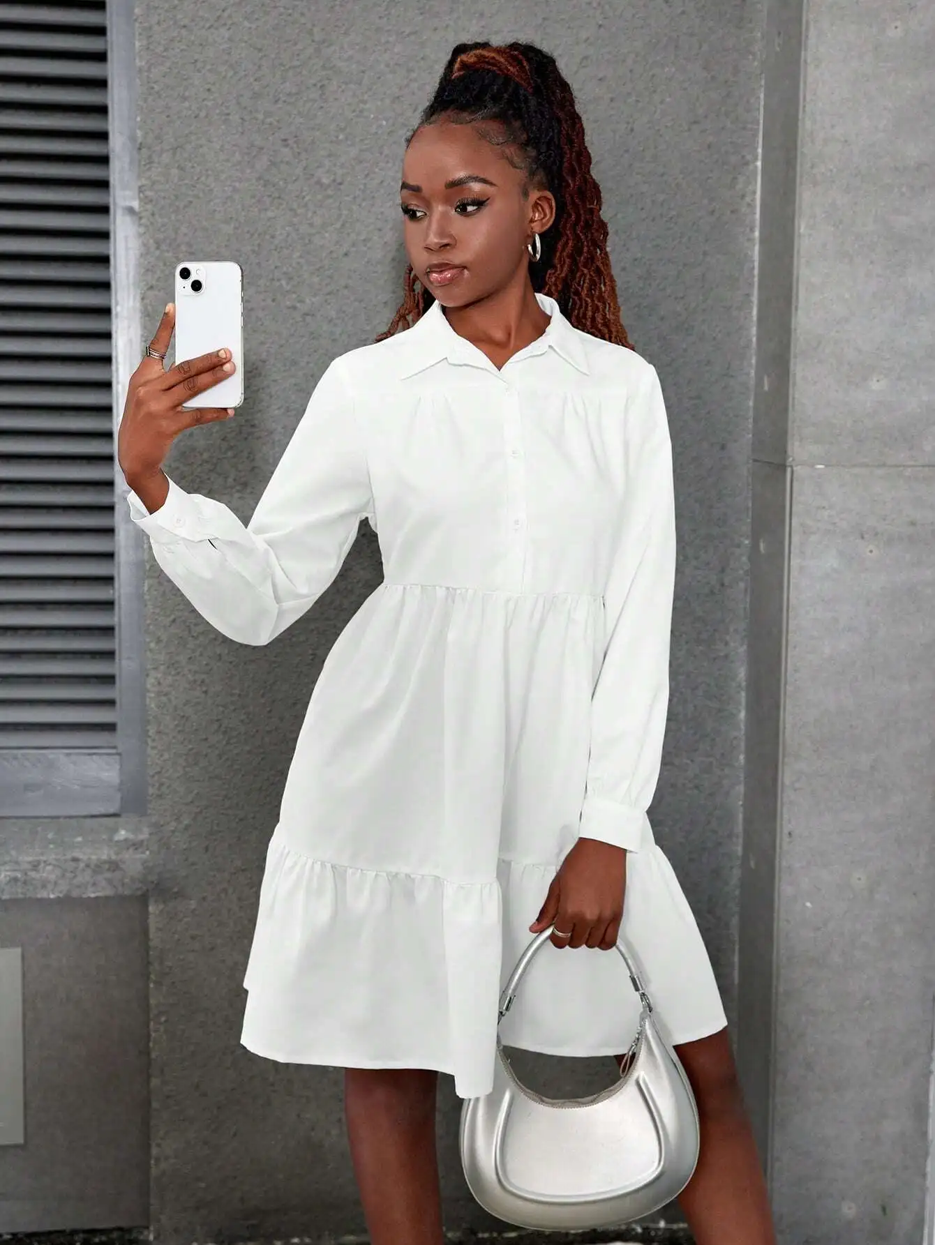 

Женское белое платье-рубашка с длинным рукавом, повседневное мини-платье А-силуэта