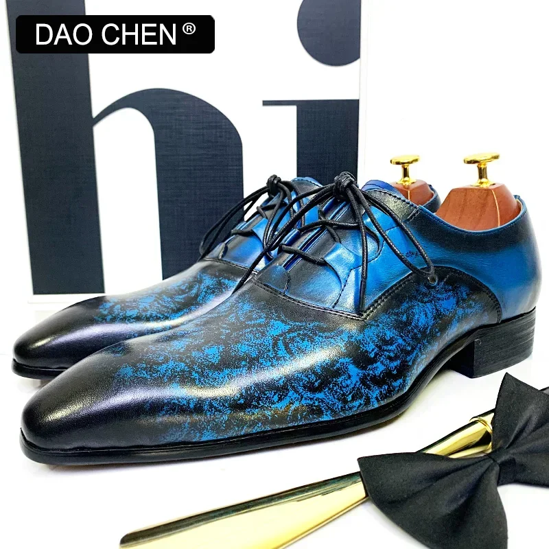 LUXURY BRAND MEN\'S OXFORD SHOES BLACK BLUE LACE UP POINTED TOE CASUAL MENS DRESS SHOES PARTY WEDDING LEATHER SHOES MEN