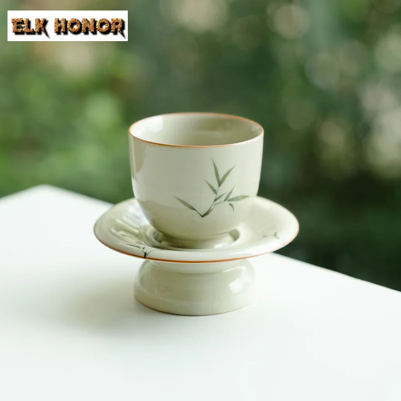 

85ml Hand Drawn Bamboo Master Cup Zen Ceramic Tea Cup Tasting Mug With Lotus Coaster Vintage Water Jug Meditation Cup Cafes Gift