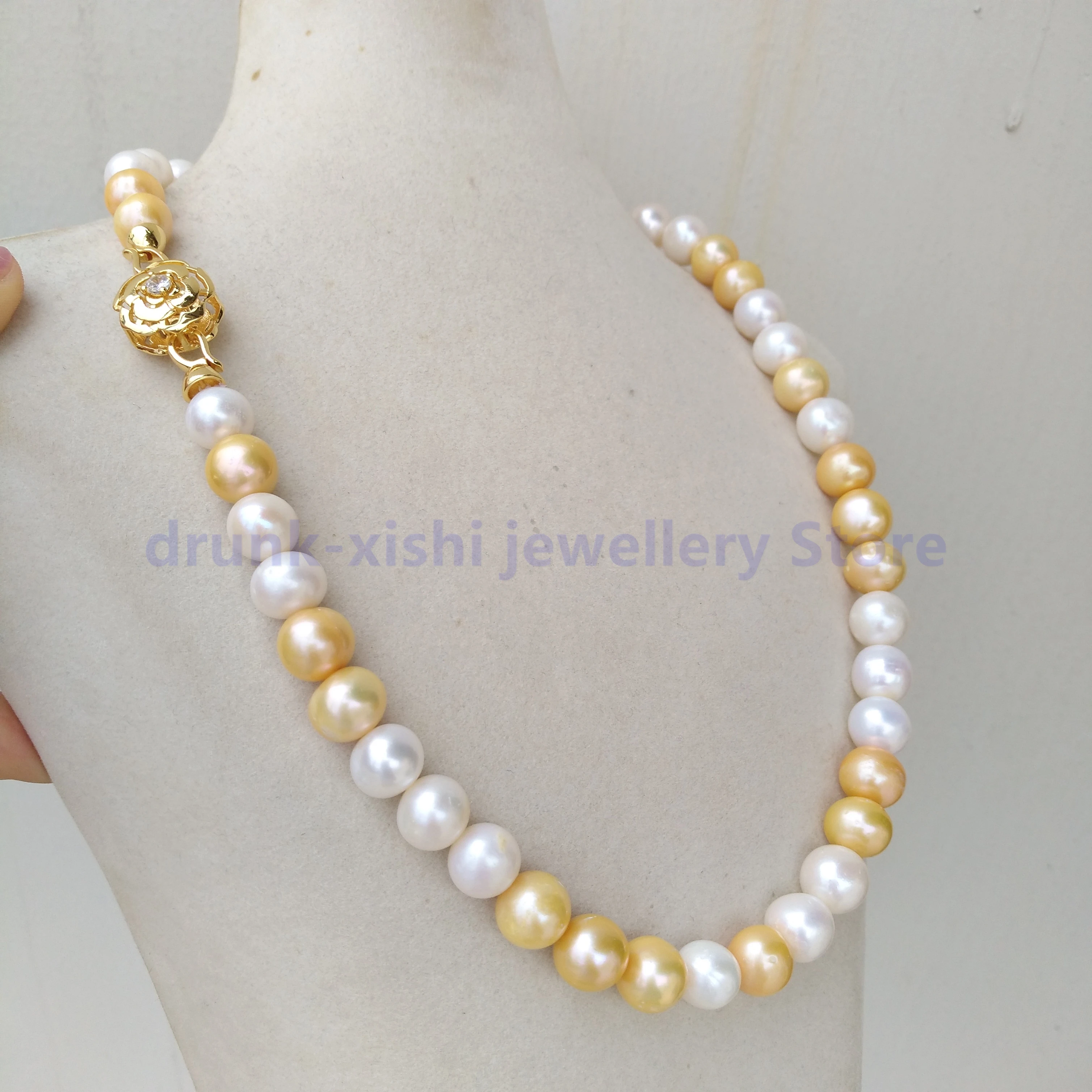 Fine Jewelry Timeless Classic Trendy 10-11mm White Golden Huge Unique Natural Real Pearl Necklace Free Shipping Filled With 14K