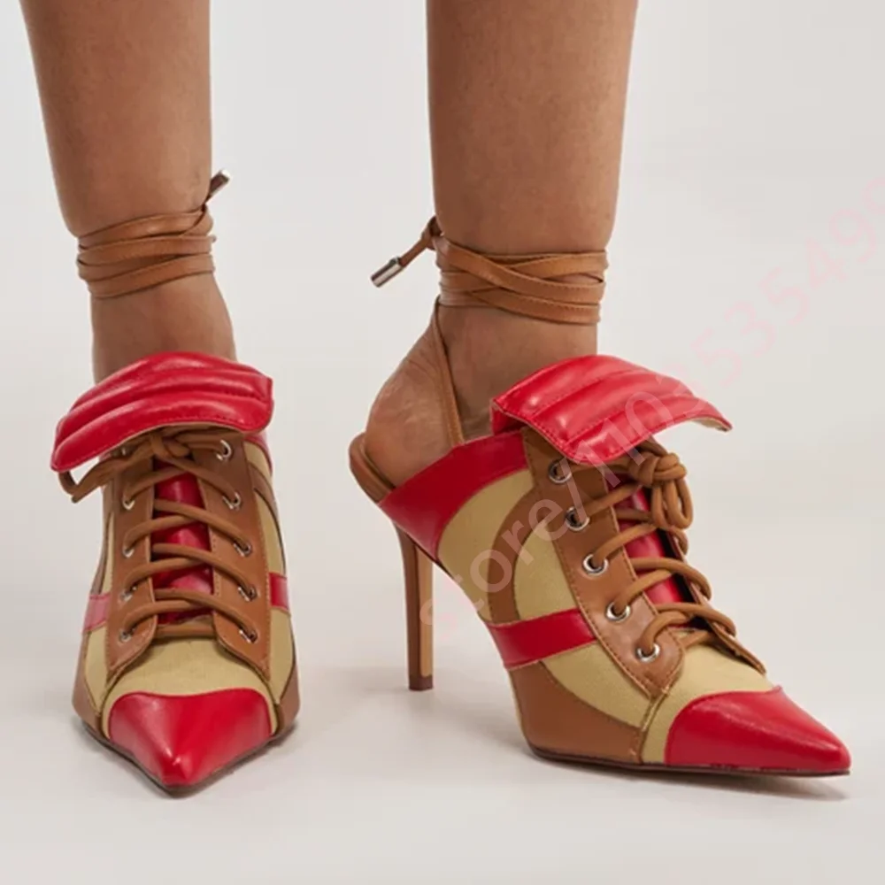 Women Color Block Pointed Toe Mules Stiletto Canvas Patchwork Lace‑Up Ankle Wrap Strappy Backless Fashion Party High Heel Pumps