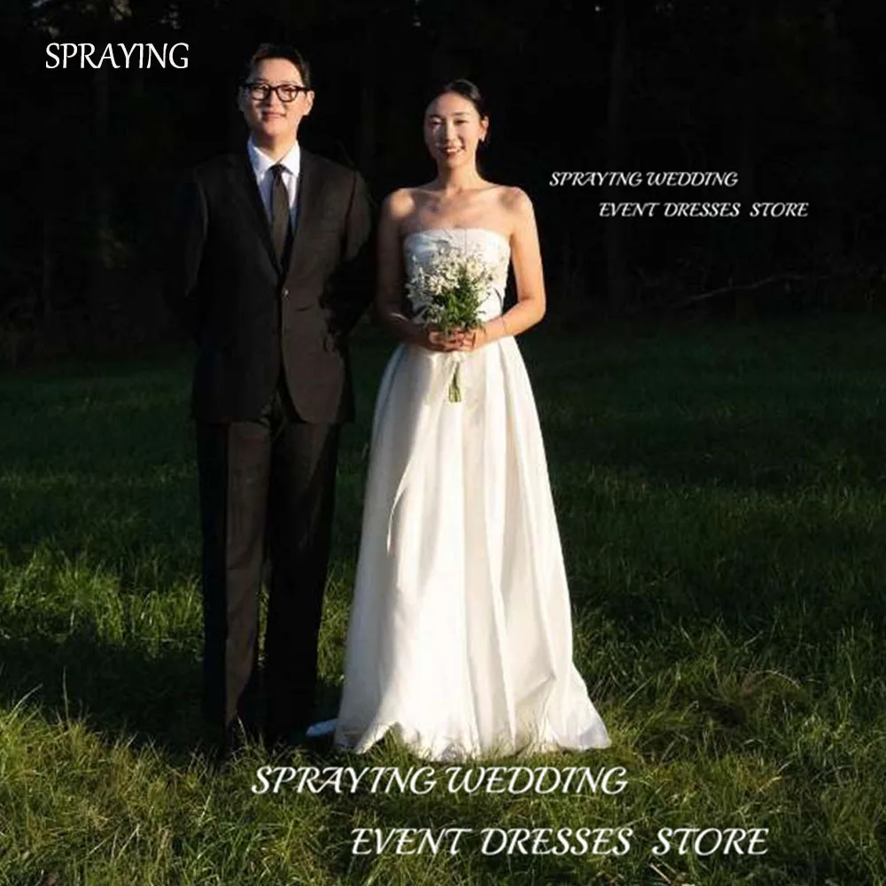 

SPRAYING Simple A-line White Prom Dresses Strapless Sleeveless Floor-Length Korea Wedding Dress Photo Shoot Customized