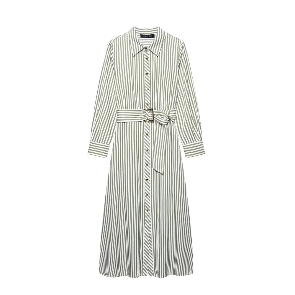 Women's New Lapel Long Sleeve Striped Dress Single-breasted Belt Casual Long Dress Elegant Evening Party Womenswear