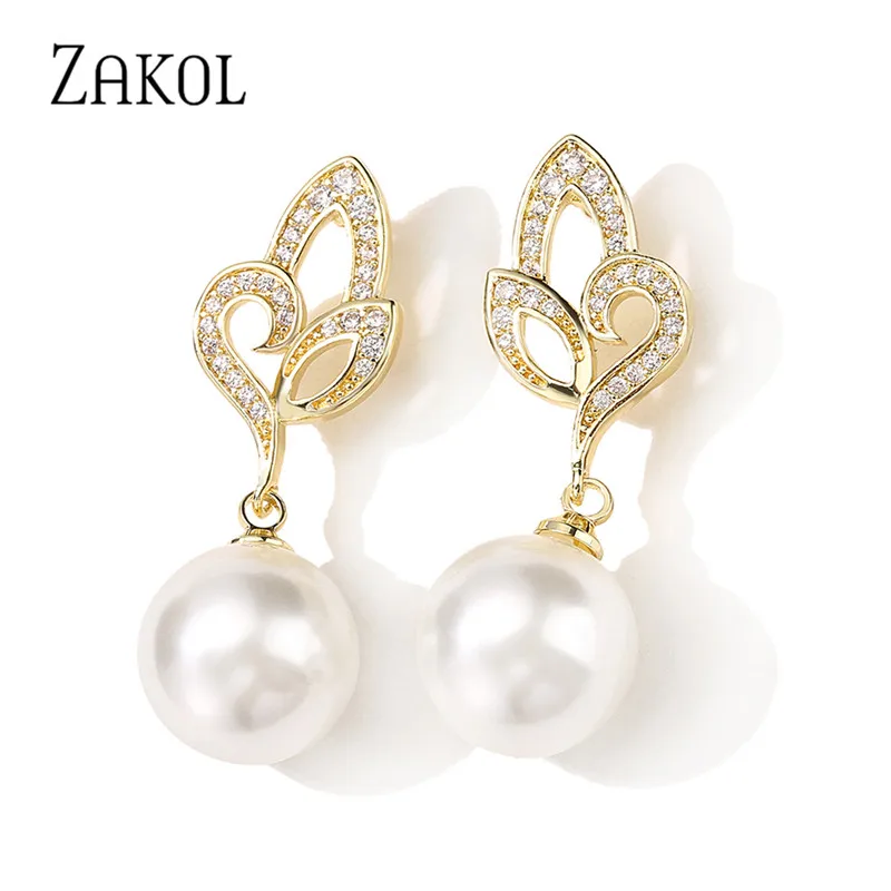 ZAKOL Korean Elegant CZ Zircon Leaf Pearl Drop Dangle Earrings for Women Luxury Statement Earring Wedding Jewelry EP2864