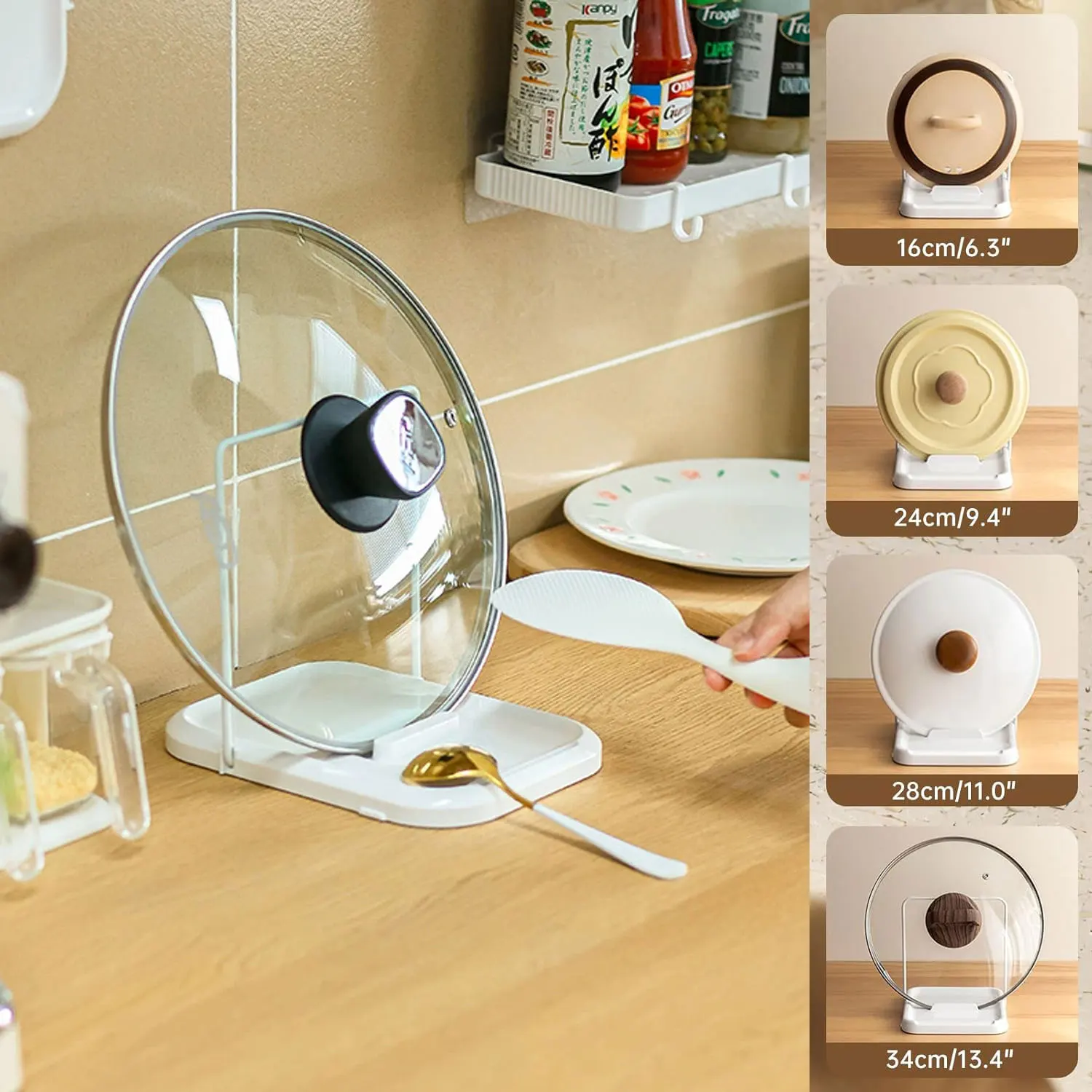 Uchwyt na pokrywkę garnka, uchwyt na pokrywkę i łyżkę na blat kuchenny, składany stojak na pokrywkę do patelni z antypoślizgową powłoką