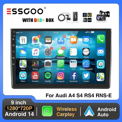ESSGOO 9" Android 14 4+64G Wireless Carplay Car Stereo Radio for Audi A4 S4 RS4 RNS-E Seat Exeo GPS Navi Wifi Multimedia Player