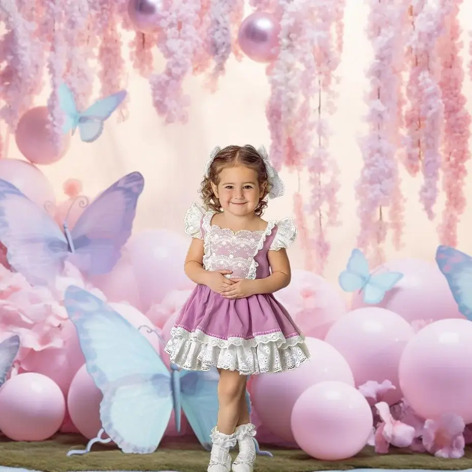 

Butterflies Cake Smash Photography Backdrop Colorful Balloons Pink Vine Baby Shower Birthday Portrait Background Photo Studio