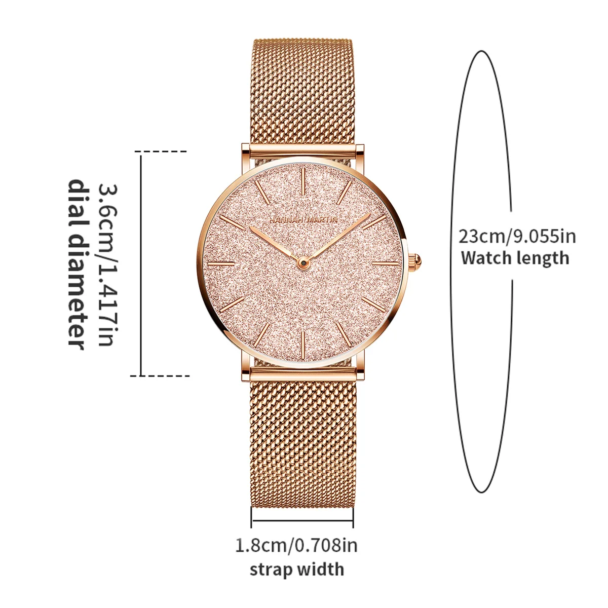 Hannah Martin Luxury Women's Watch With Japanese Original Quartz Movement Stainless Steel Mesh Strap 36mm Rose Gold Wrist Watch