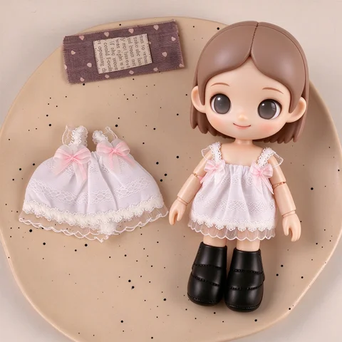 Doll Lace Camisole Dress White Pink Bow Strap Skirt Doll Clothes For 1/12 BJD OB11 Obitsu11-17 Body Doll Outfit Dress Up Toy