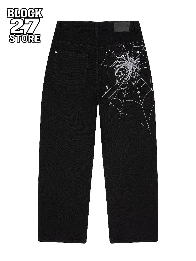 Mens Jeans Spider Web Embroidery Denim Pants Harajuku Unisex Loose Fit Straight Leg Wide Leg Streetwear Casual Fashion Trend New