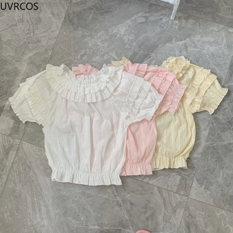 Pink Cotton Lolita Shirt Women Summer Slash Neck Ruffles Kawaii Bottom Blouses Princess Crop Tops Elegant White Student Shirts