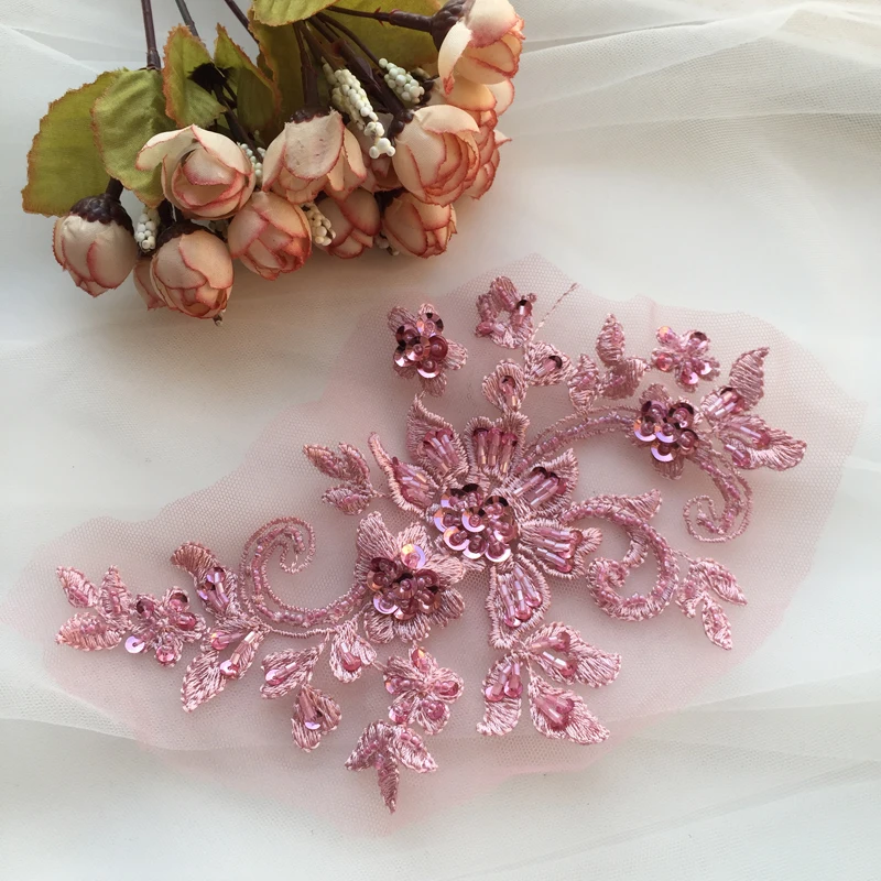 DIY Handmade Beaded Flower Applique, Flower Patch, Wedding Dress Accessories, Lace Embroidery, Mending Clothes,2 Pair/4 Pc