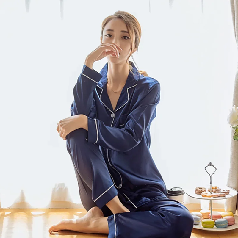 Womens Silk Satin Pajamas Loungewear Two-piece Sleepwear Solid Color Button-Down Full Sleeve Long Pyjamas Nightwear