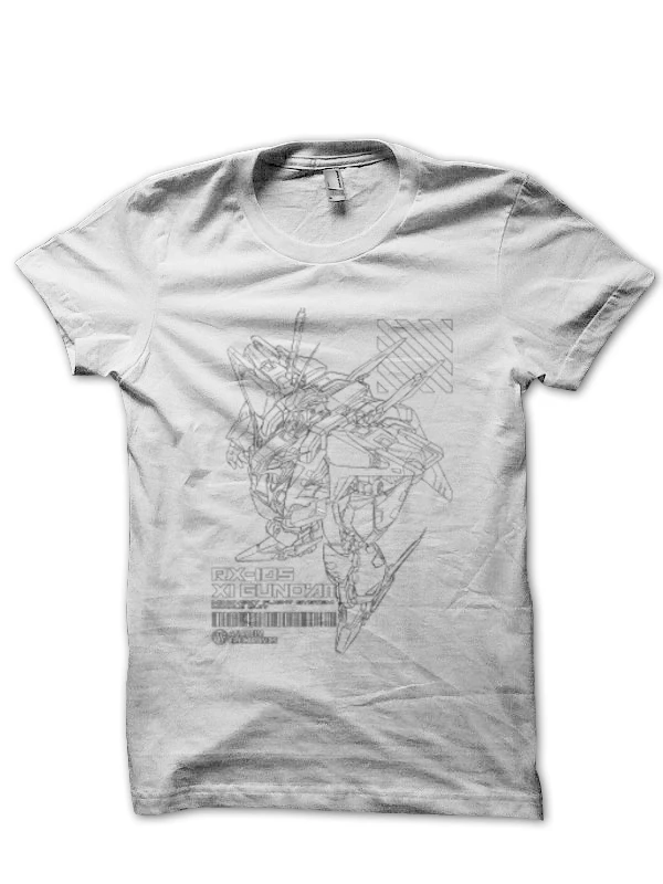 RX-105 Xi Gundam Line Art Camiseta Branca Minimalista Mecha Desenho com Código de Barras Tecnologia Spec Texto Anime Gráfico Camiseta de Algodão
