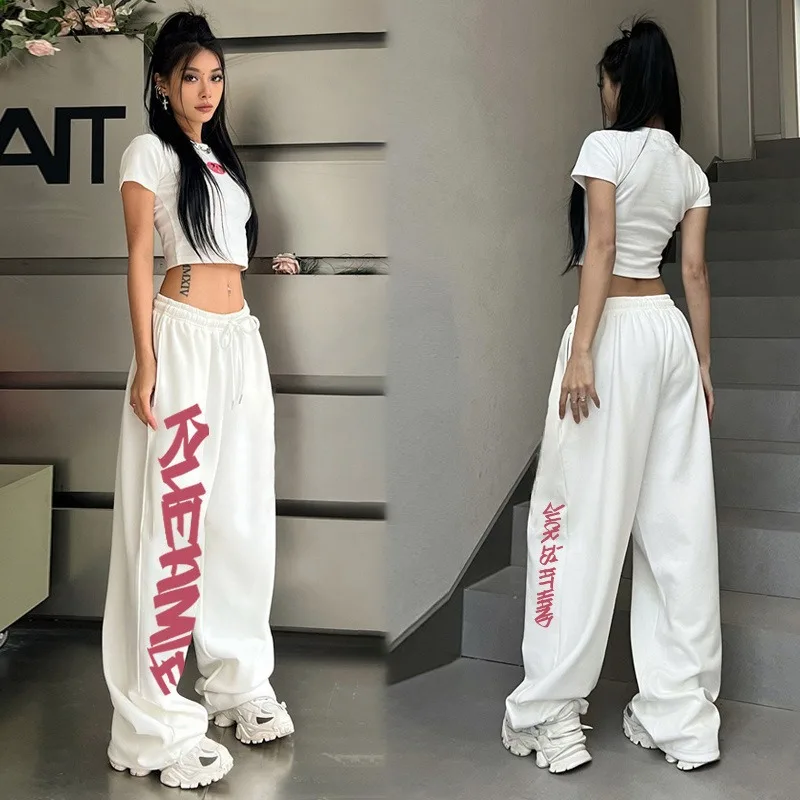 Y2K Streetwear White Sweatpants Women Korean Style Letter Print Track Pants Oversized Harajuku Kpop Hip Hop Joggers