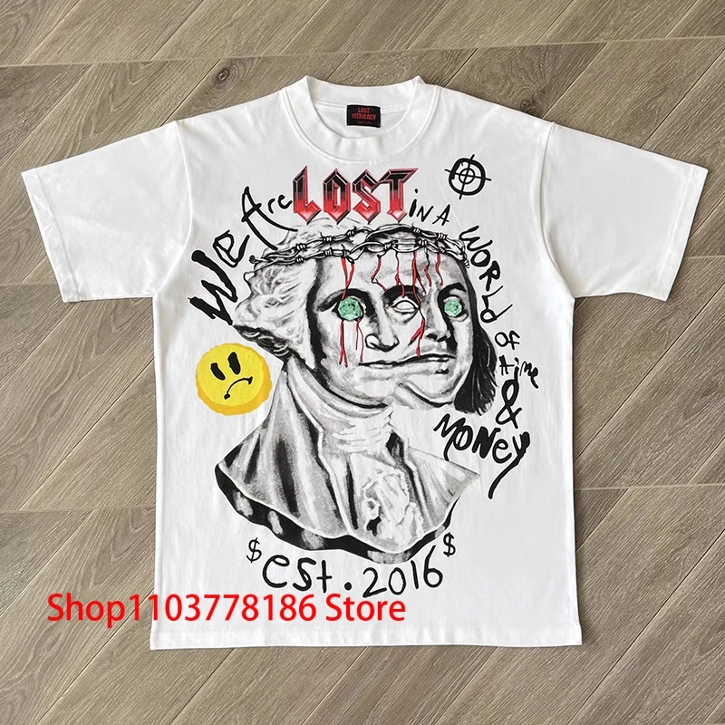 Lost Intricacy Lavender Short Sleeve T-shirt Personality Graffiti Portrait Print High Street Hip Hop Men Women Crewneck Tops Tee