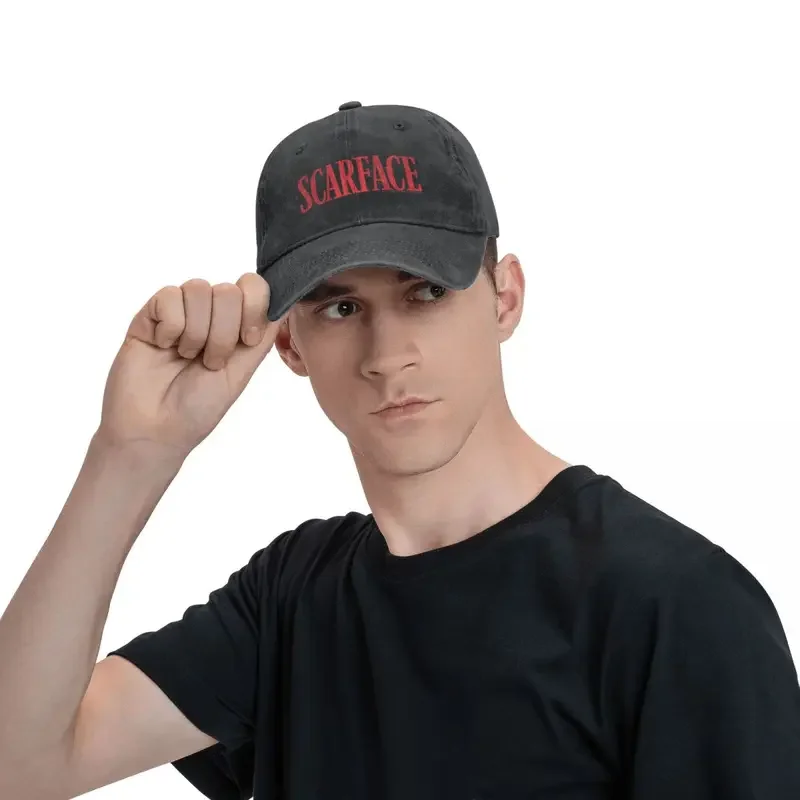 Scarface-gorras de béisbol para hombre, sombrero de mezclilla con estampado impreso, Snapback informal, póster de nombre de texto rojo, exteriores, Verano