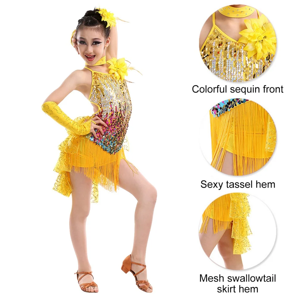 Kids Girls Latin Dance Dress Outfits Cha Cha Dress+Sleeve Cover+Necklace+2 Flowers Tango Skirt Dancewear Tassel Dancing Dress