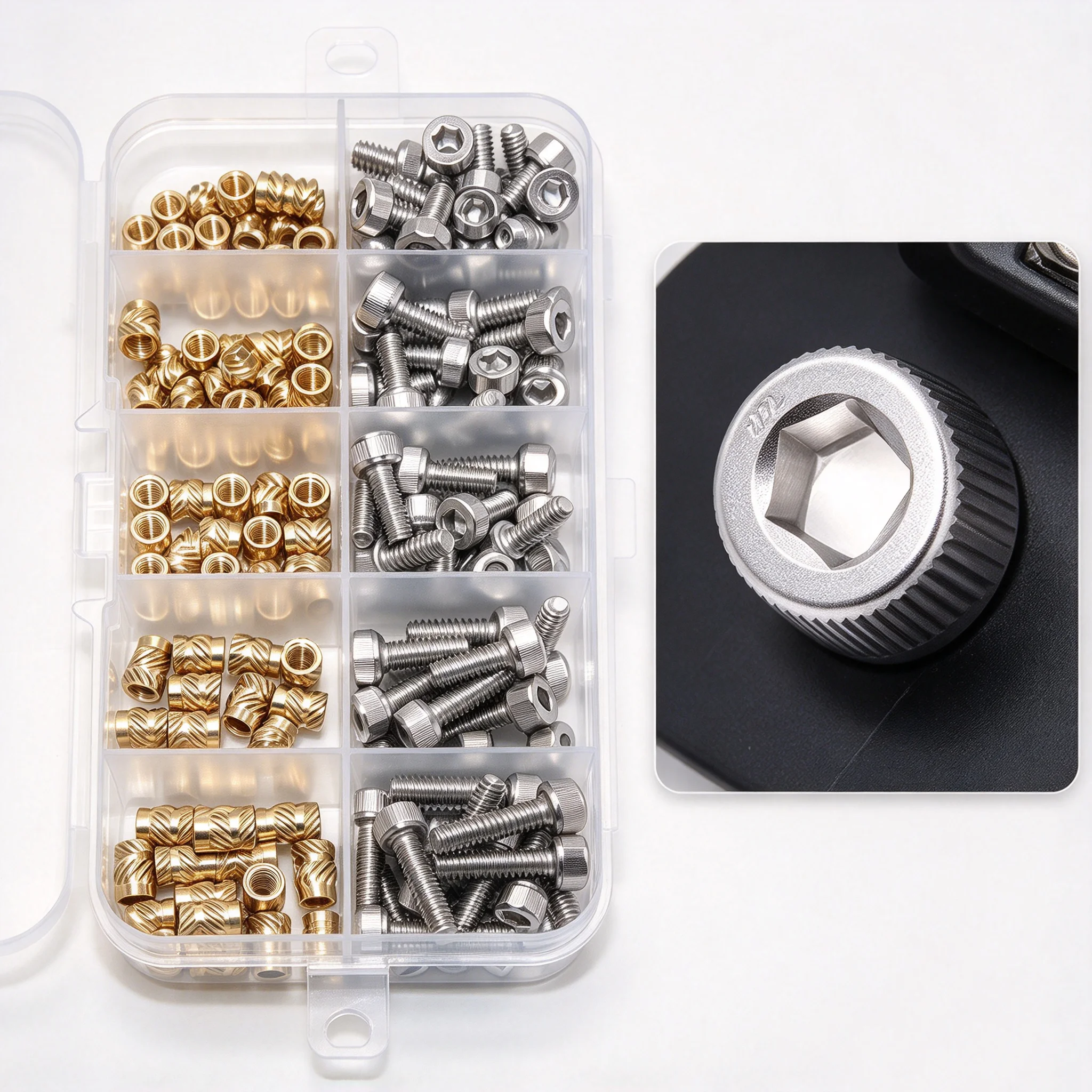 Threaded Insert and Stainless Steel Allen Bolts Kit Brass Metric Knurled Nuts (200Pcs) Heat Press Into Plastic 3D PLA, ABS, PETG
