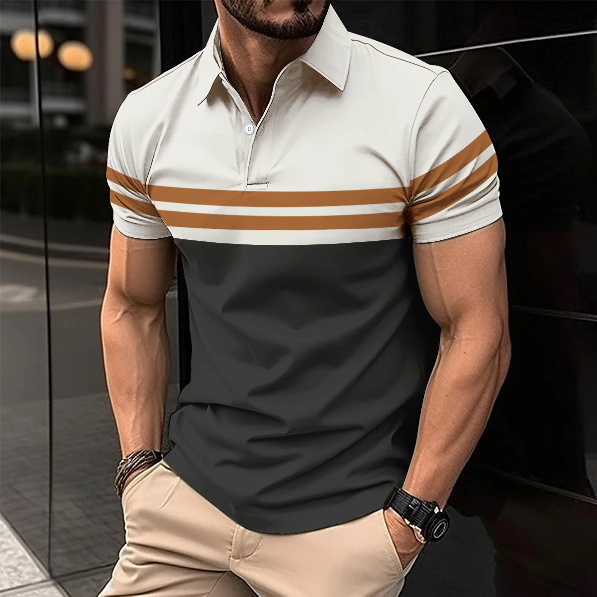 2024 Summer Best-Selling Men's Polo Shirt Lapel Color Patchwork Men's Shirt Printed Striped Polo Shirt Beach Party Style