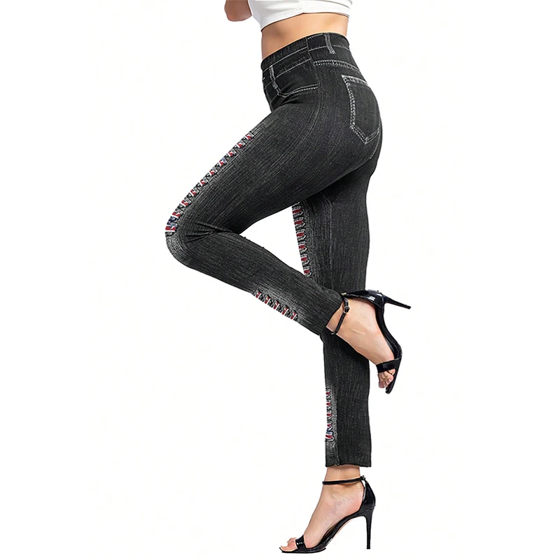 PD395 New European and American Fashion Striped Printed Denim Inspired Leggings with Elastic Hip Lifting Cropped Pants