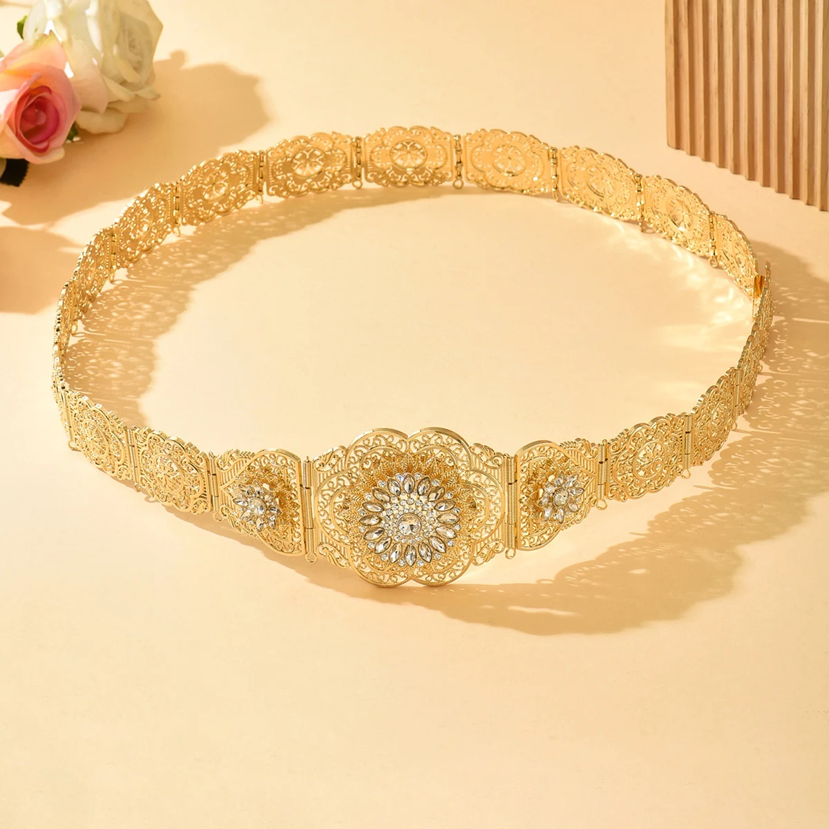 

Morocco Crystal Silver Gold Color Metal Link Chain Wedding Jewelry Fatima Fashion Dress Belt for Women