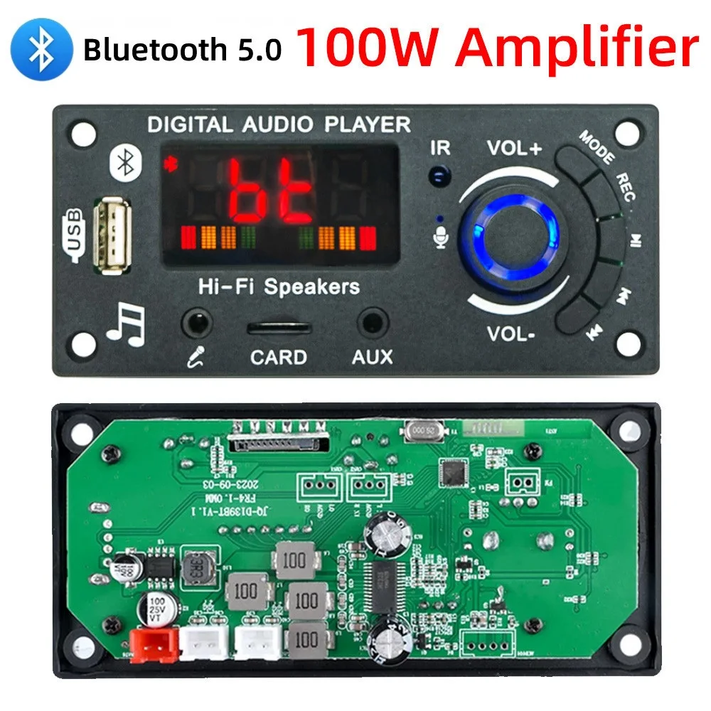 

Bluetooth 5.0 MP3 Decoder Board 2*50W 100W Amplifier Audio Player 12V DIY MP3 Player Car FM Radio Module TF USB Mic Record Call