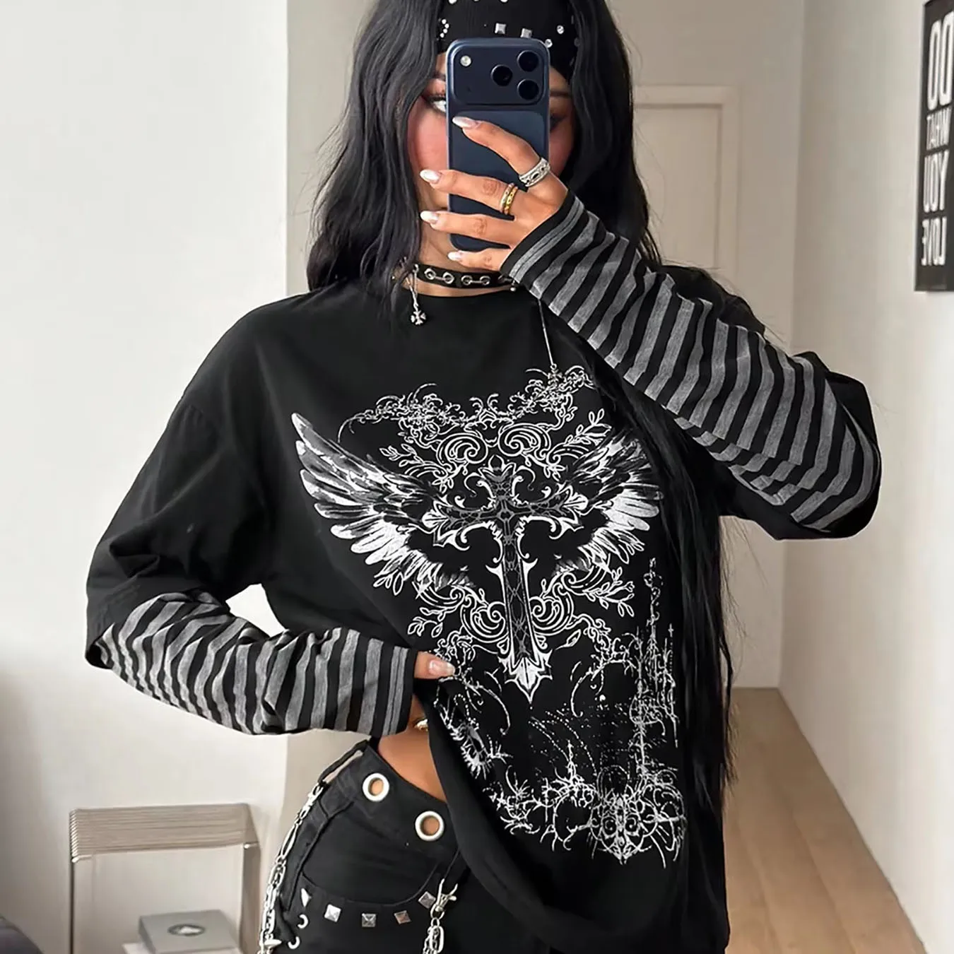 2026 Gothic Y2K Wing Cross Graphic Print Faux Two Piece Long Sleeve Tee Striped Sleeve Detail Loose Fit Punk Street Casual Top